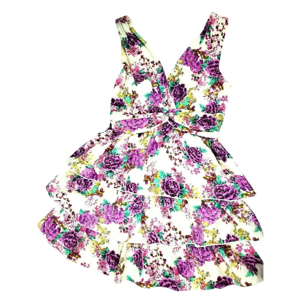 Freeway Dress Womens Size M Medium Purple White Floral Lined Tank Tiered Ruffle
